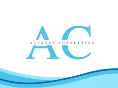 Logotipo para Alfages Consulting: “AC” azul claro con el nombre de la empresa, sobre un diseño de ondas azules.