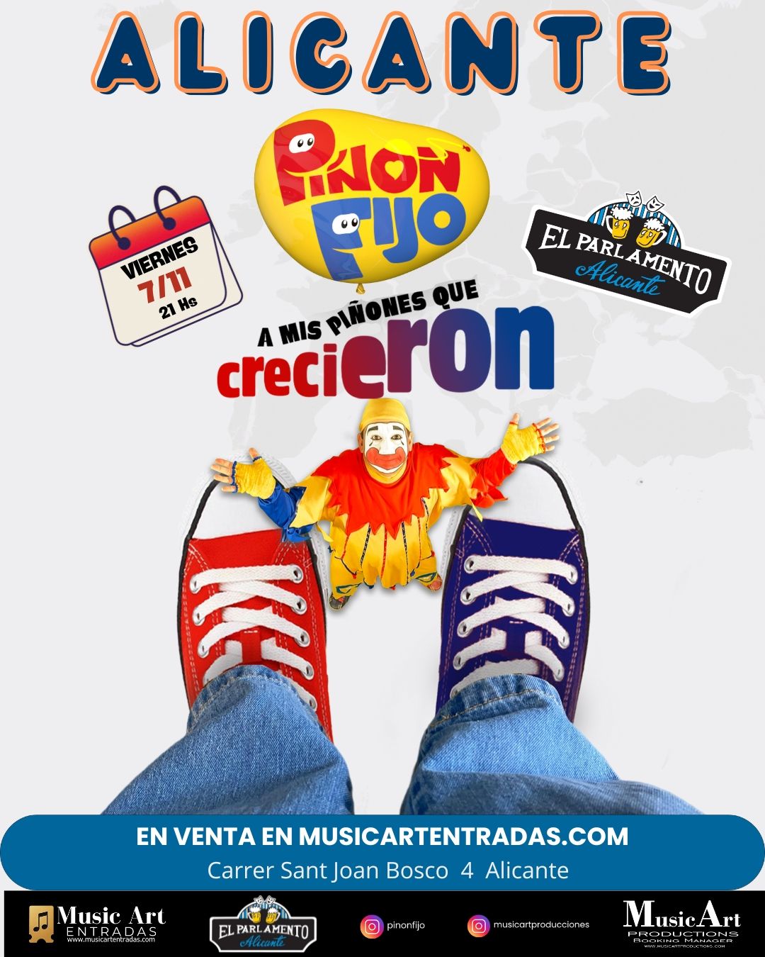 Cartel de un concierto de Piñón Fijo en el Café Berlín de Madrid el martes 21 de octubre. Incluye un payaso y zapatillas rojas y azules.