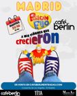 Cartel de un concierto de Piñón Fijo en el Café Berlín de Madrid el martes 21 de octubre. Incluye un payaso y zapatillas rojas y azules.