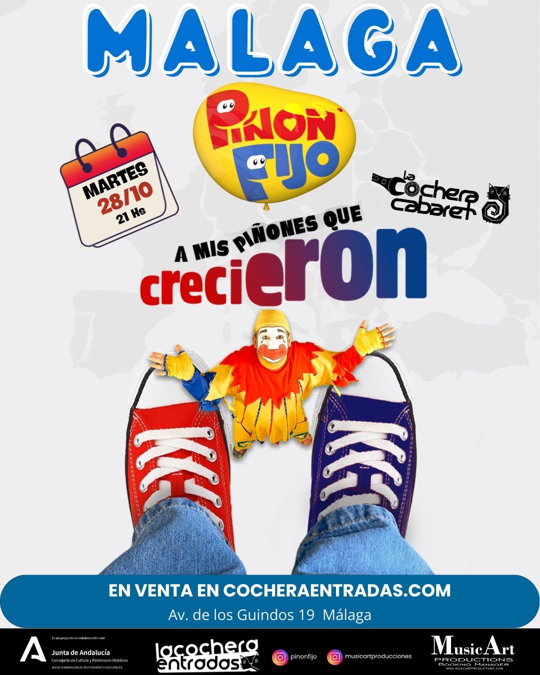 Cartel de un concierto de Piñón Fijo en el Café Berlín de Madrid el martes 21 de octubre. Incluye un payaso y zapatillas rojas y azules.