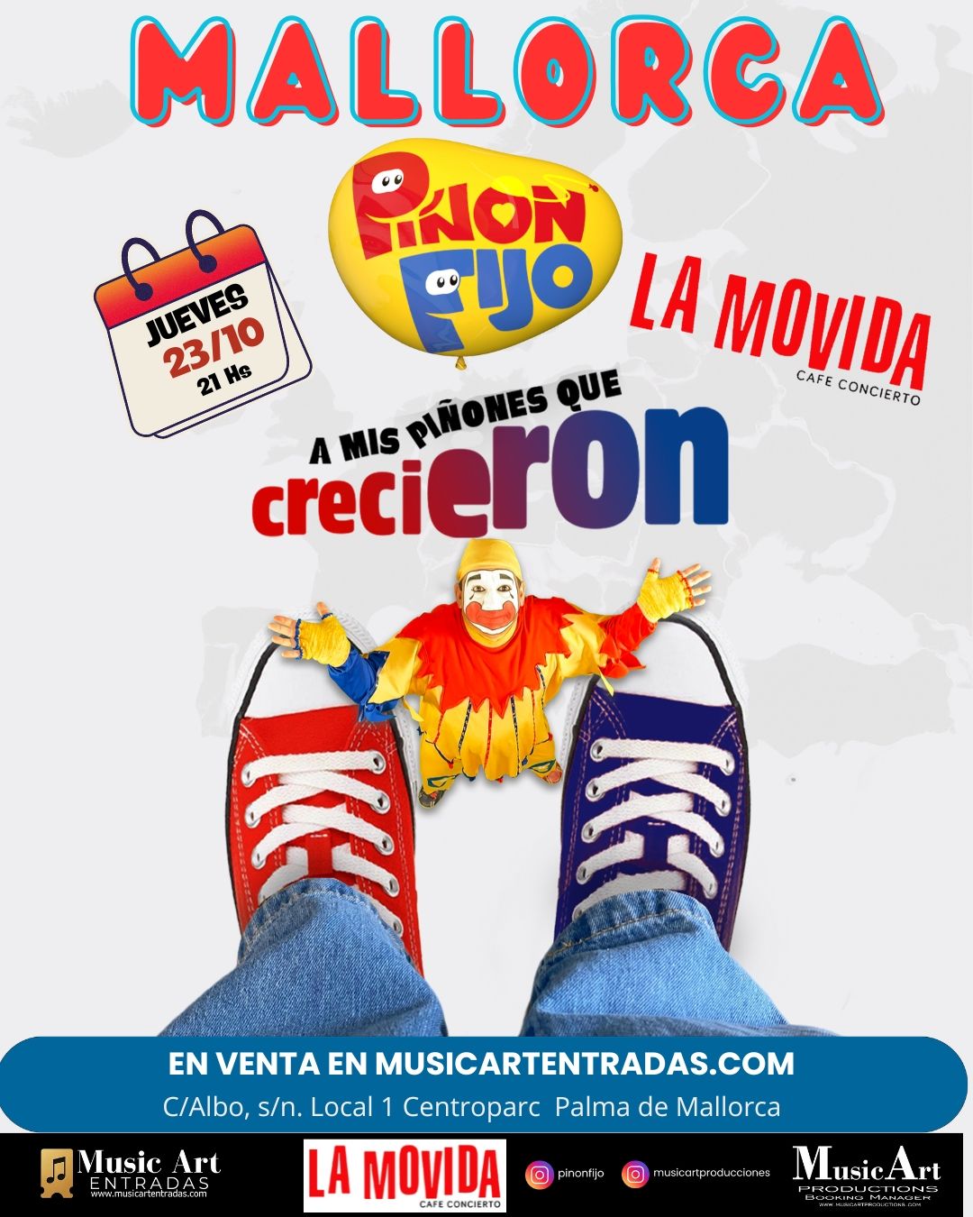 Cartel de un concierto de Piñón Fijo en el Café Berlín de Madrid el martes 21 de octubre. Incluye un payaso y zapatillas rojas y azules.
