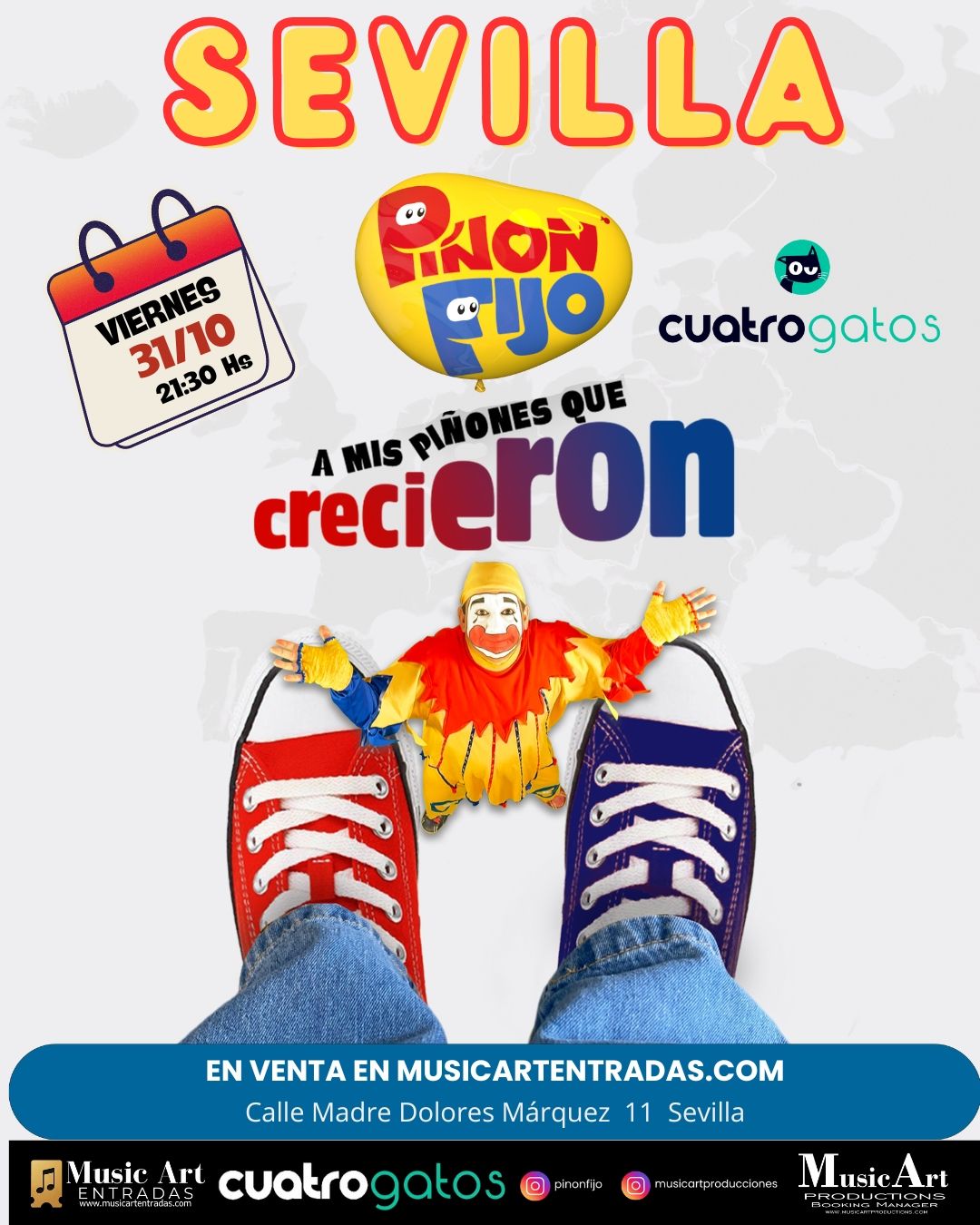 Cartel de un concierto de Piñón Fijo en el Café Berlín de Madrid el martes 21 de octubre. Incluye un payaso y zapatillas rojas y azules.