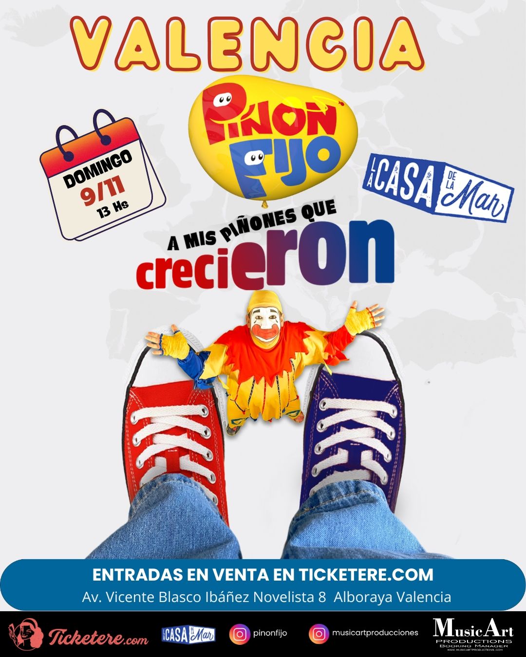 concierto de Piñón Fijo en el Café Berlín de Madrid el martes 21 de octubre. Incluye un payaso y zapatillas rojas y azules.