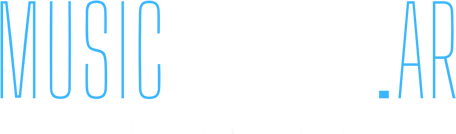 “MUSIC.AR” en fuente delineada de color azul claro sobre un fondo blanco.