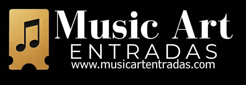 Logotipo de Music Art Entradas, una taquilla. Presenta un boleto dorado con una nota musical y texto blanco sobre fondo negro.