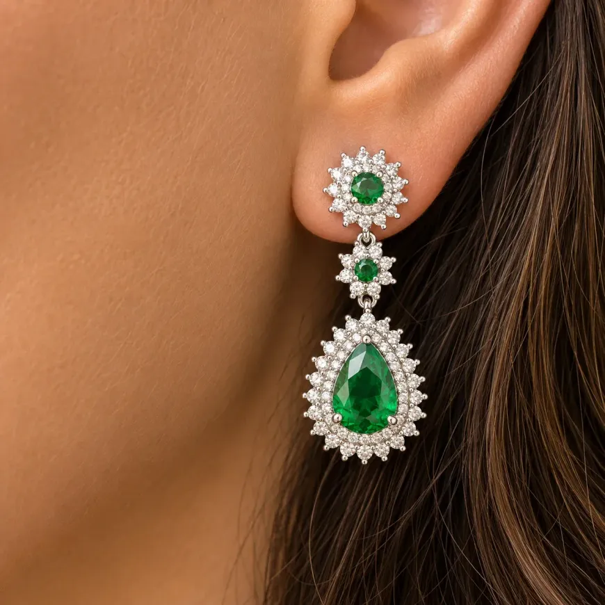 Primer plano de la oreja de una mujer que lleva pendientes colgantes de esmeraldas y diamantes.