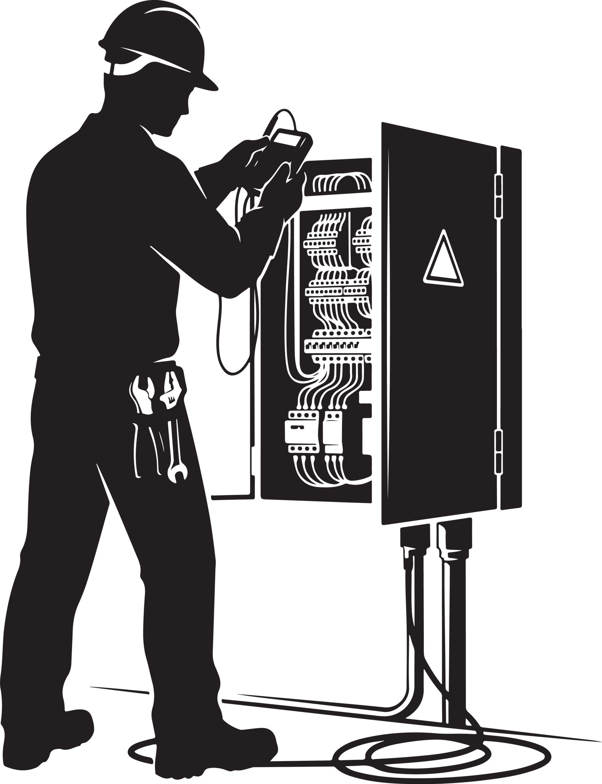 Silhouette d'un technicien inspectant un tableau électrique ouvert, avec des outils et des câbles au sol.