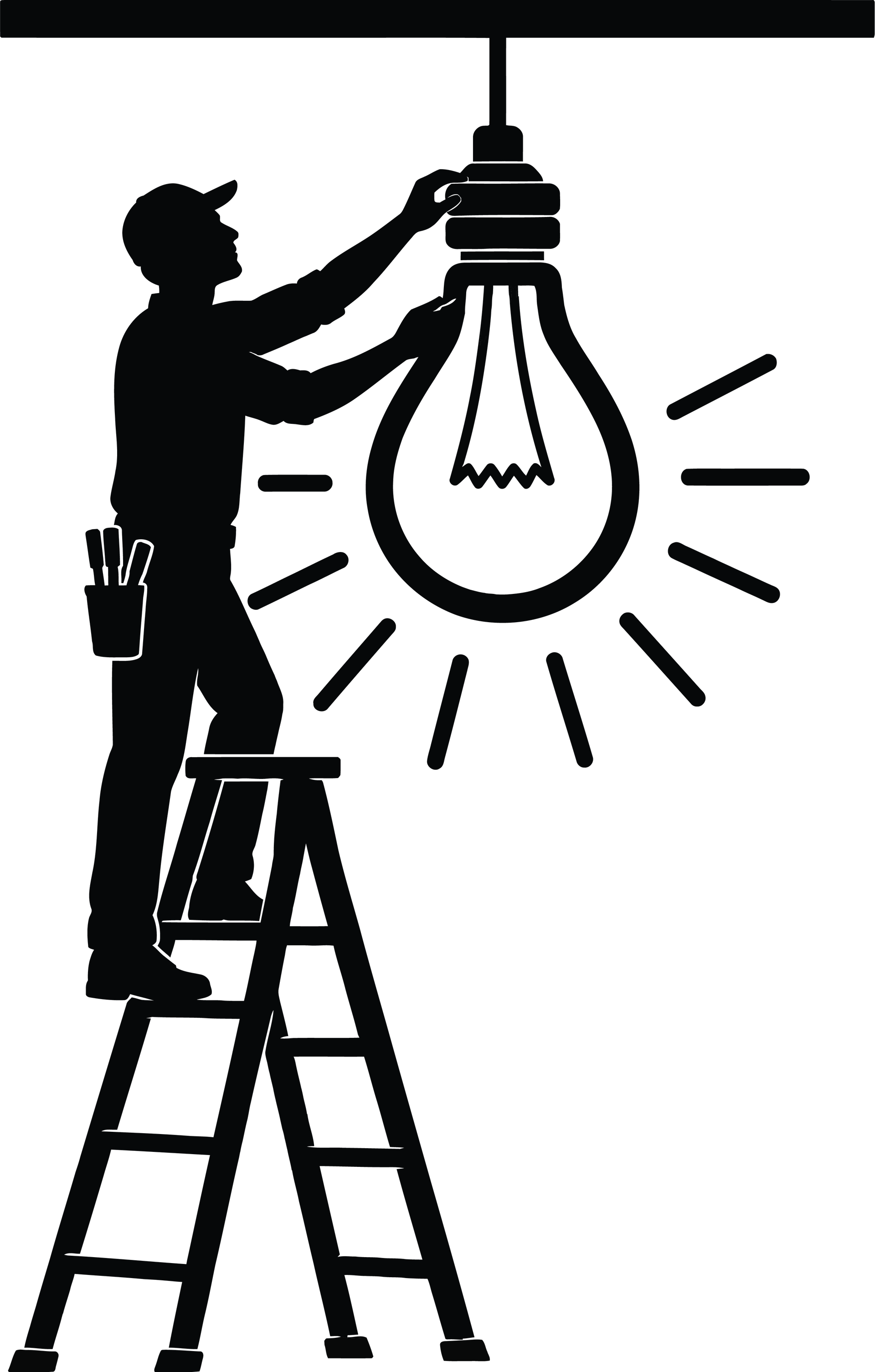 Silhouette d'un ouvrier sur une échelle en train de changer une ampoule suspendue.