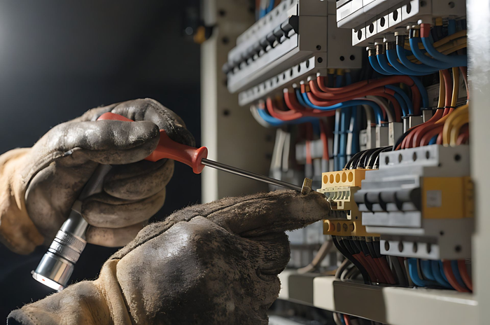 Des mains gantées réparent le câblage d'un système de chauffage, ventilation et climatisation dans un panneau électrique extérieur, à côté d'un ventilateur.