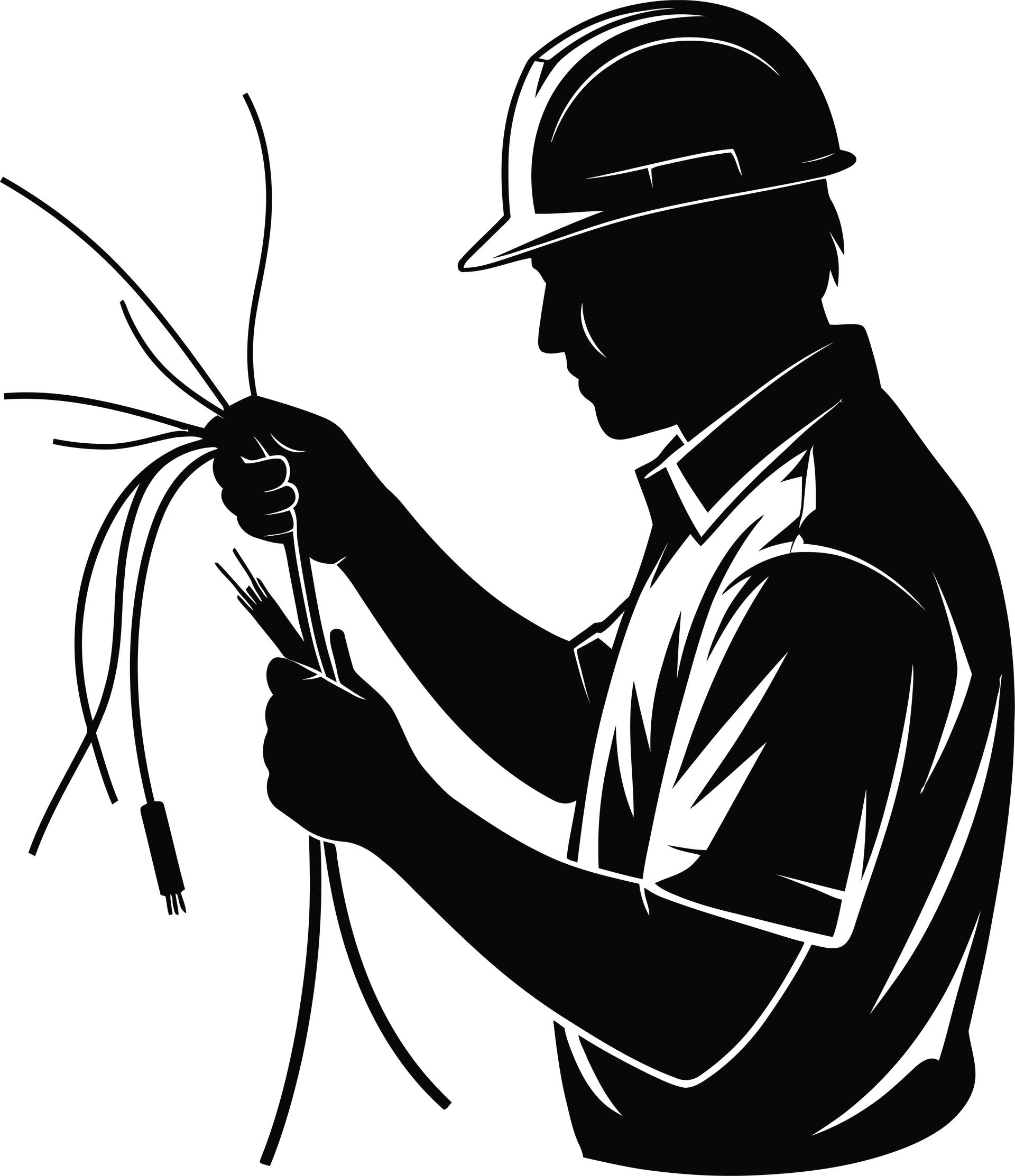 Silhouette d'un ouvrier casqué manipulant des fils électriques emmêlés.