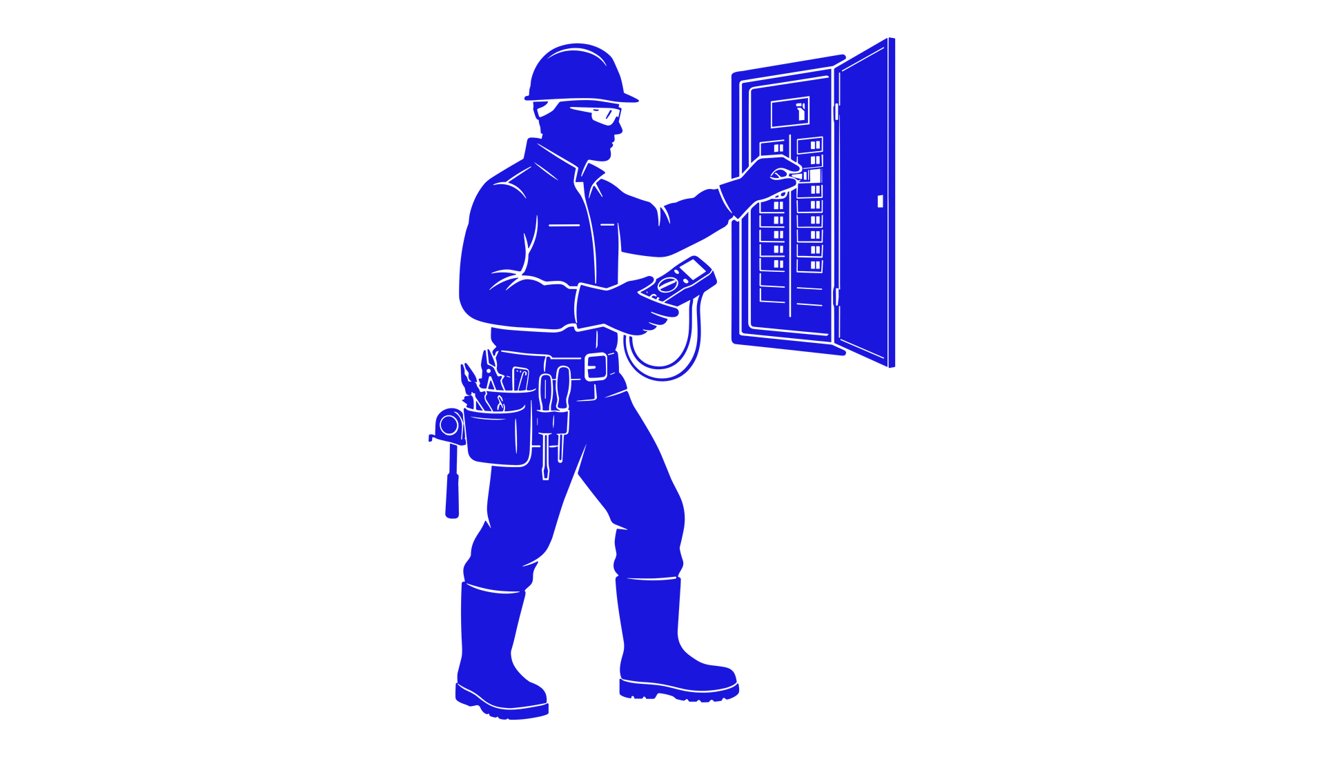 Silhouette d'un technicien de maintenance ajustant un panneau de commande électrique mural, ses outils à la ceinture.