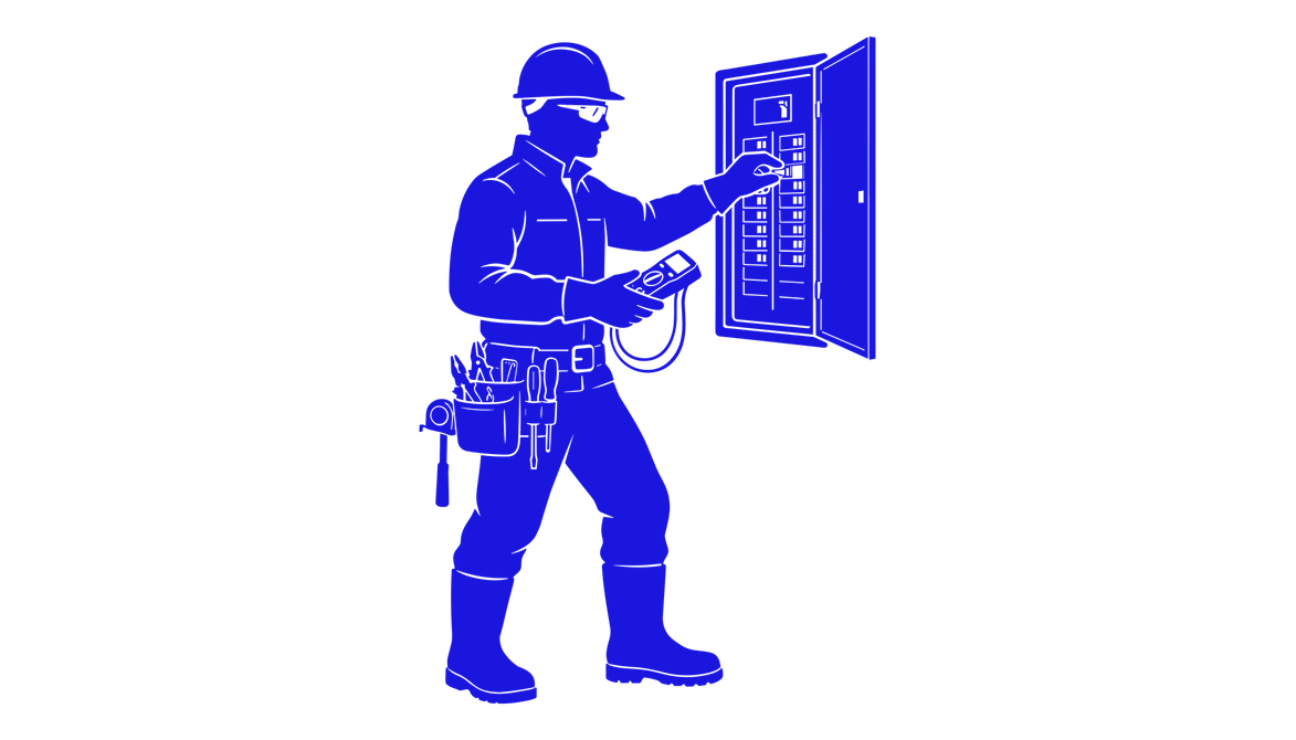 Silhouette d'un électricien travaillant sur un tableau électrique ouvert, portant un casque de chantier et une ceinture à outils.