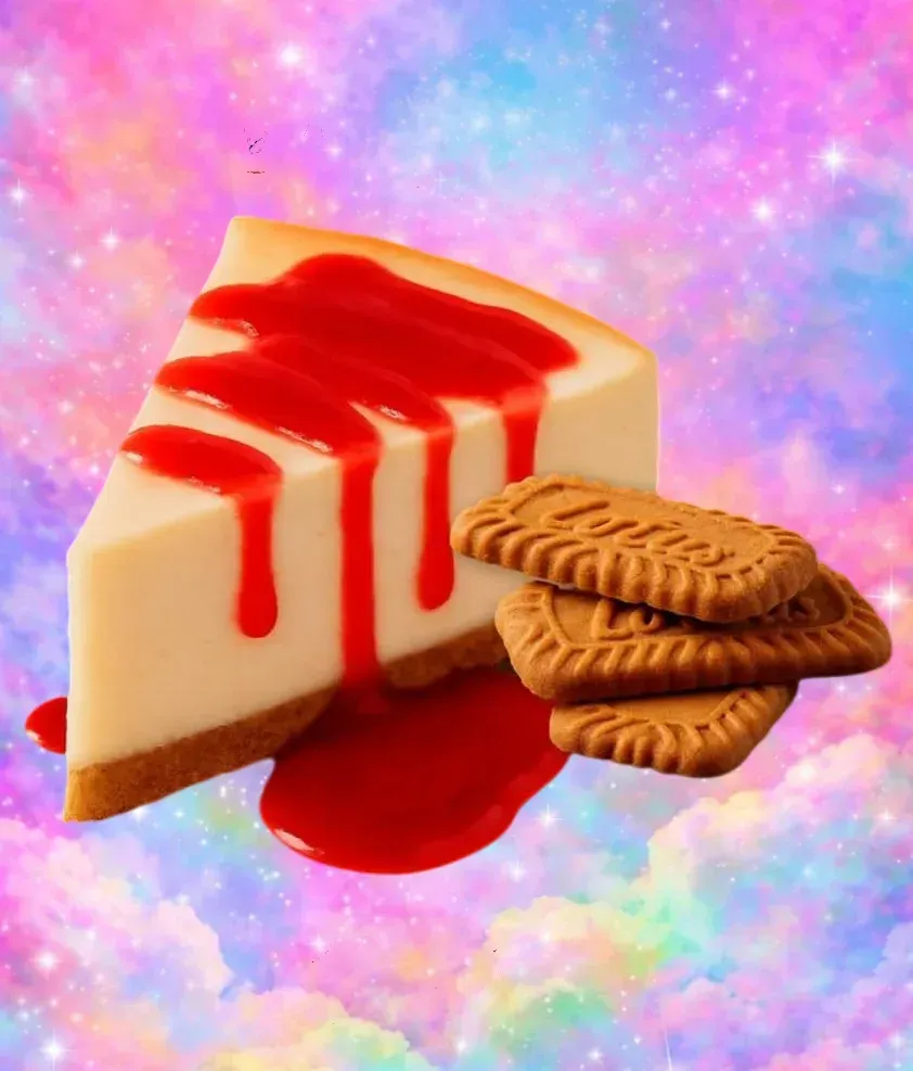 Porción de tarta de queso con salsa roja y biscotti sobre un fondo rosa-azul pastel.