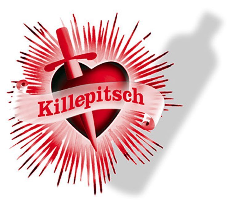 Rotes Herz mit einem Dolch, umgeben von Strahlen, und ein Banner mit der Aufschrift „Killepitsch“.