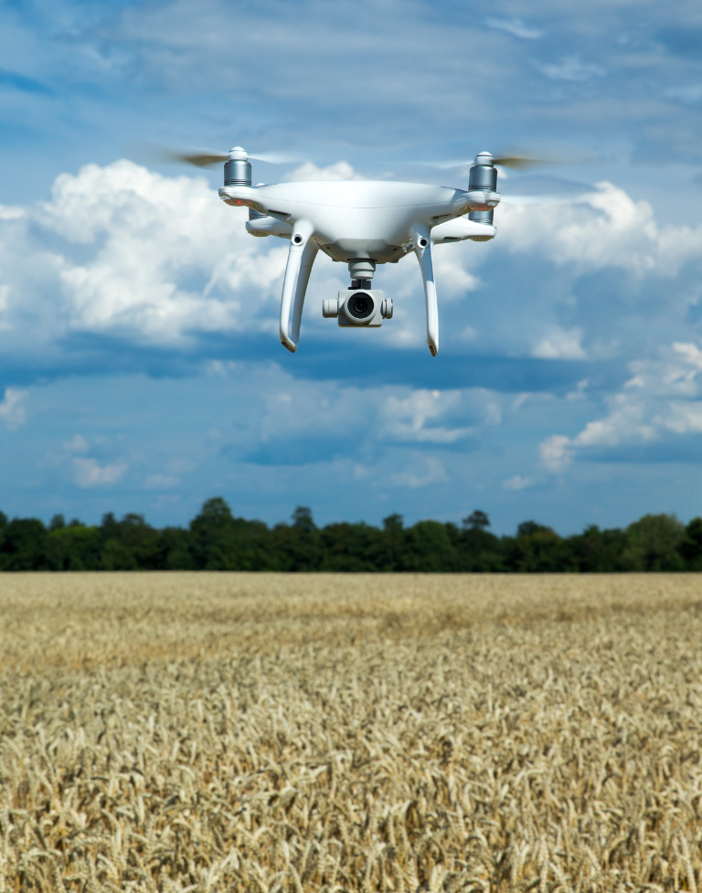 Drone blanc planant au-dessus d'un champ de blé doré sous un ciel partiellement nuageux.