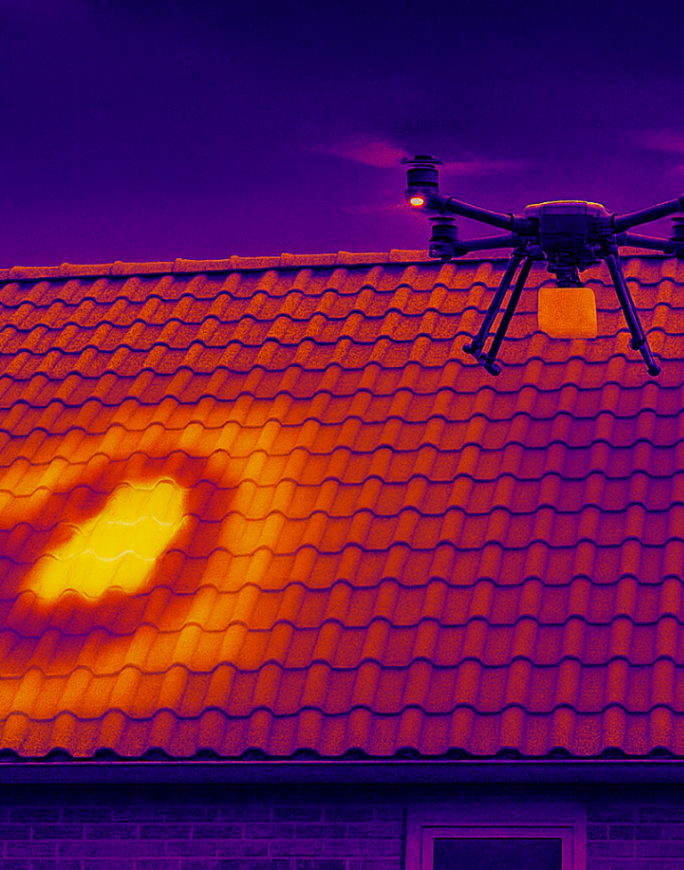 Drone avec caméra thermique au-dessus d'un toit, affichant des variations de chaleur en orange et jaune sur un ciel violet.