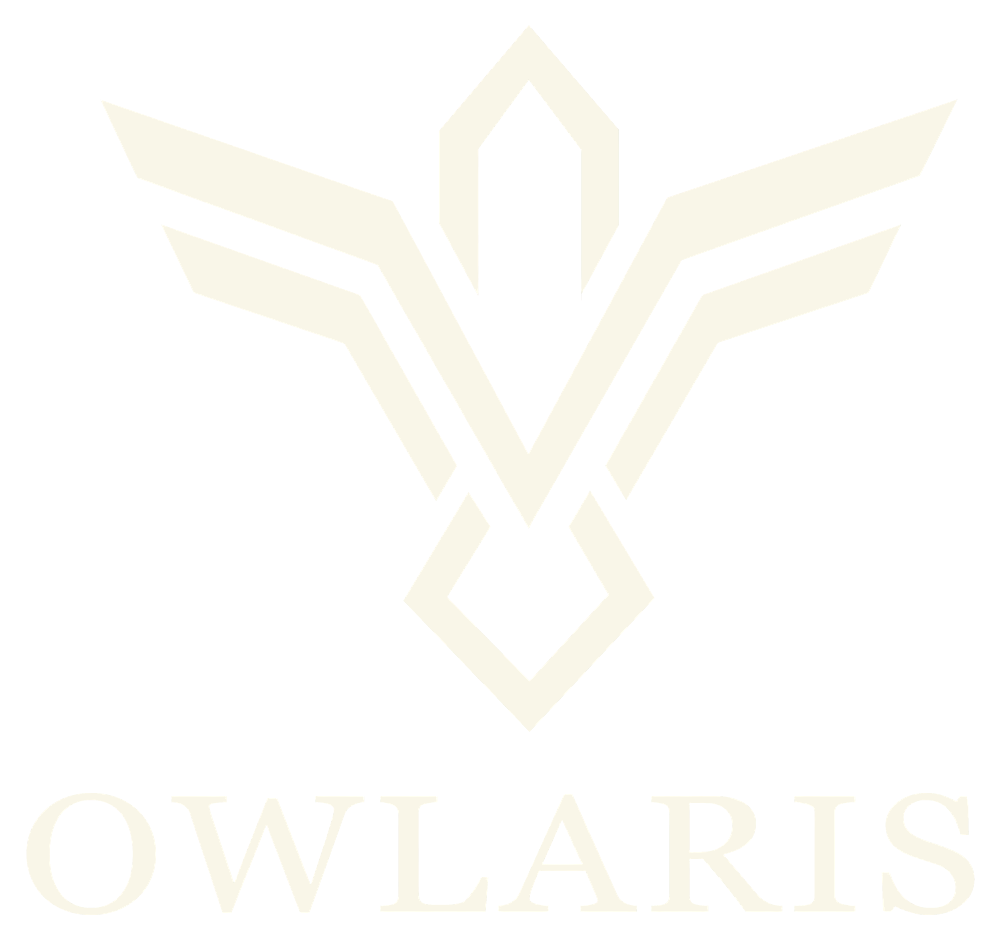 Emblème d'oiseau géométrique de couleur crème au-dessus du mot