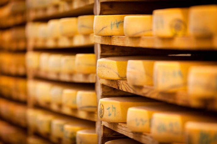 Une étagère remplie de meules de fromage.