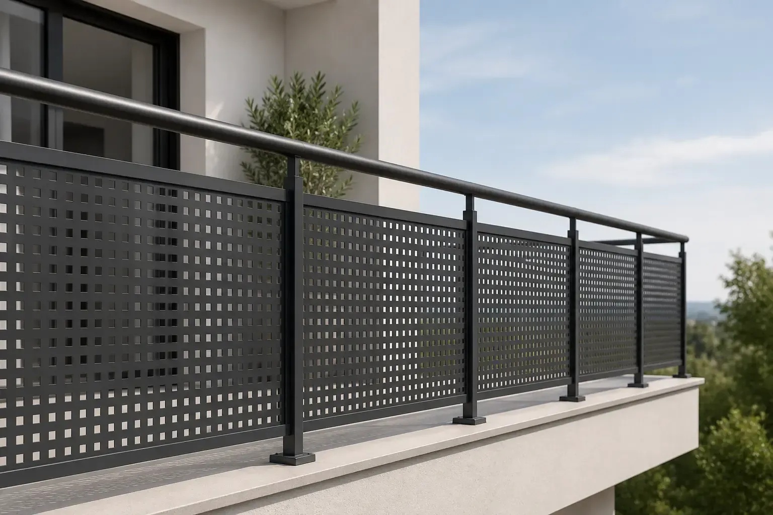 Balcón moderno con barandilla de metal negro y paneles de privacidad perforados, con vistas a la vegetación y al cielo.