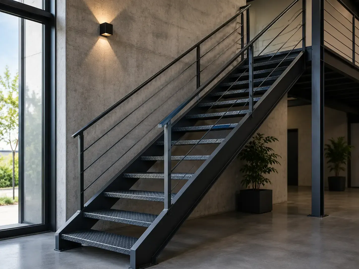 Escalera interior moderna con barandilla de metal negro y paredes de hormigón de estilo industrial.