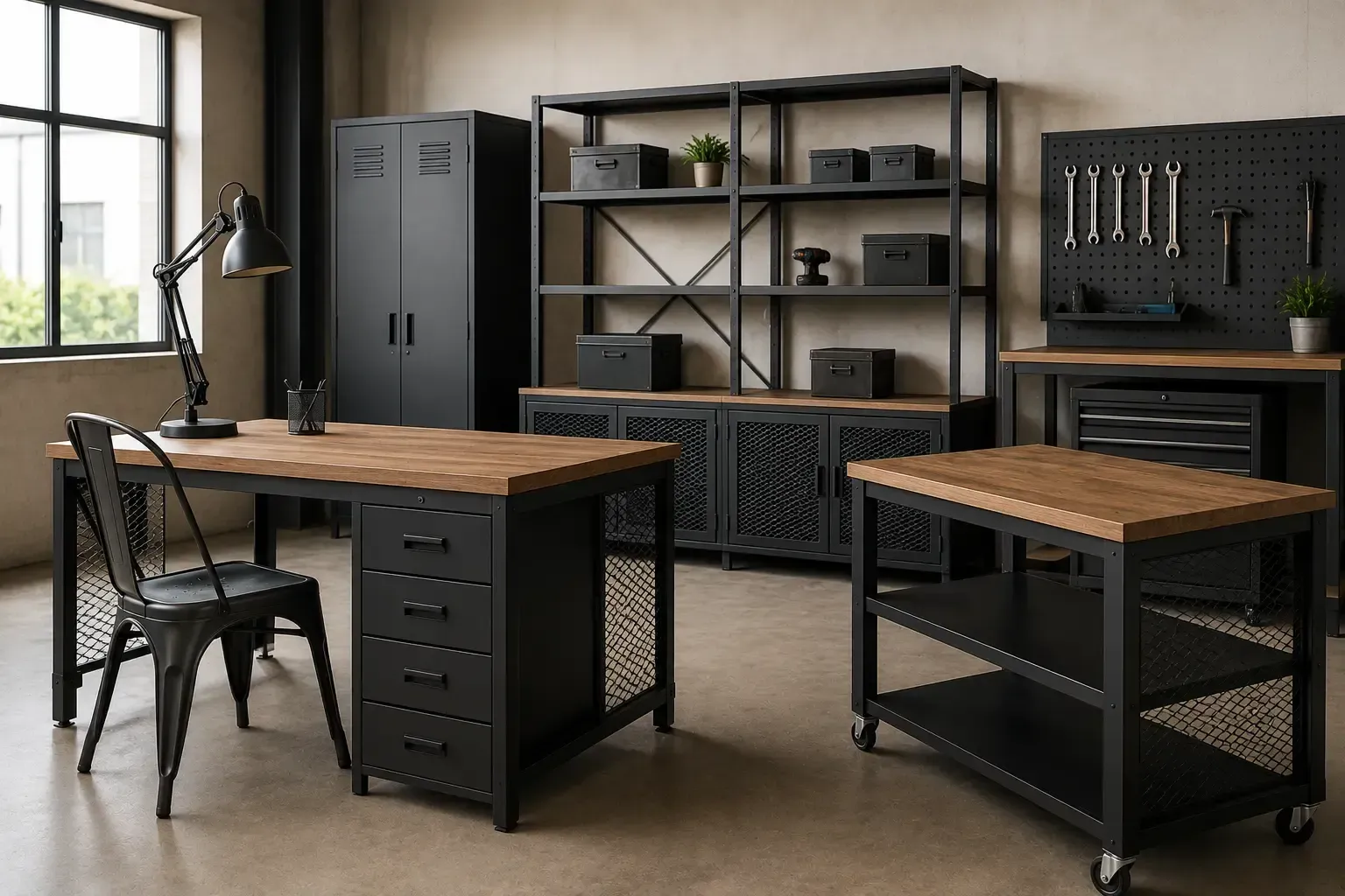 Espacio de trabajo de estilo industrial con dos escritorios con tablero de madera, estantes de metal negro, armarios y herramientas en la pared.