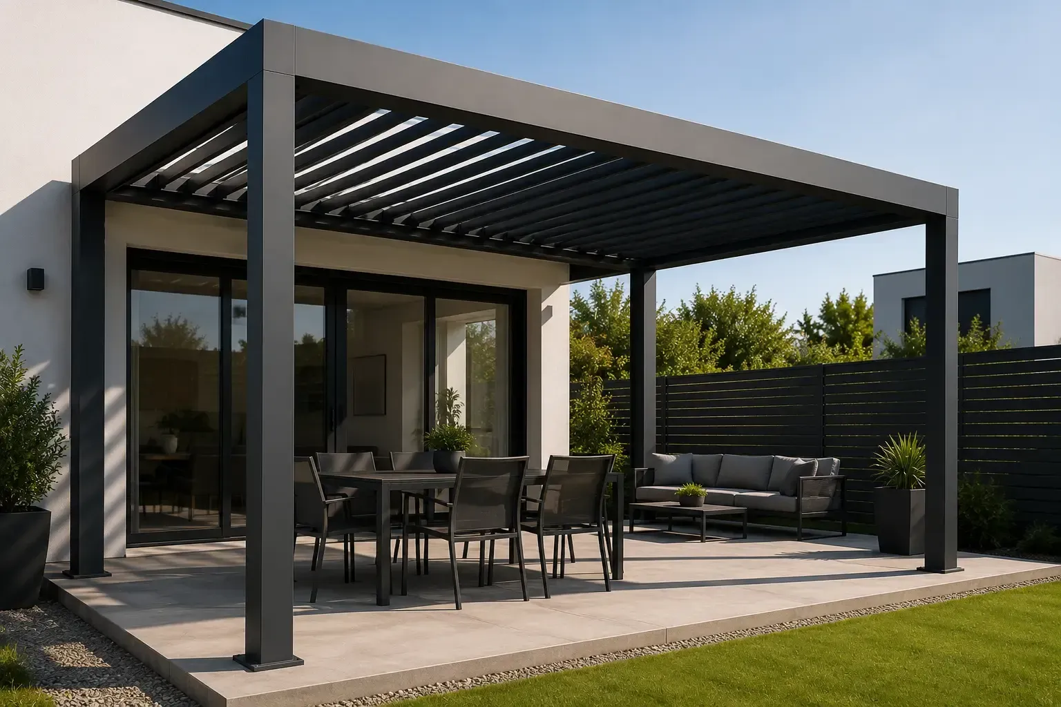 Patio moderno con pérgola negra, mesa de comedor, zona de estar y plantas en macetas junto a una casa.