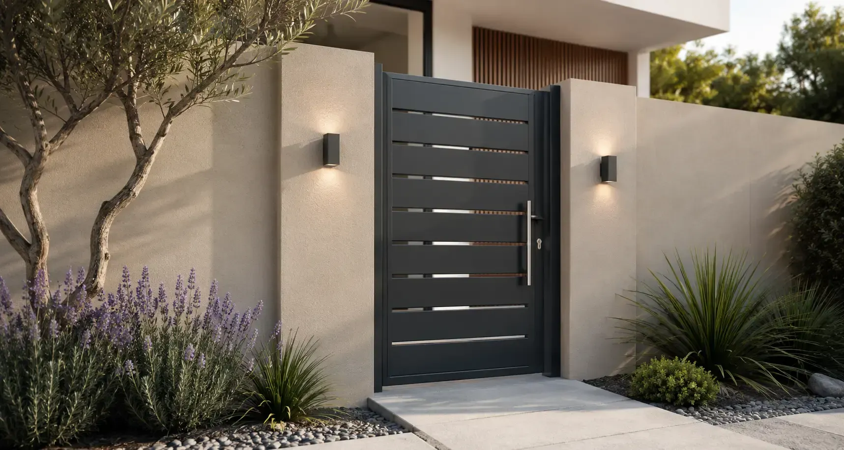 Entrada moderna a la casa con portón gris oscuro, apliques de pared y paisajismo desértico.