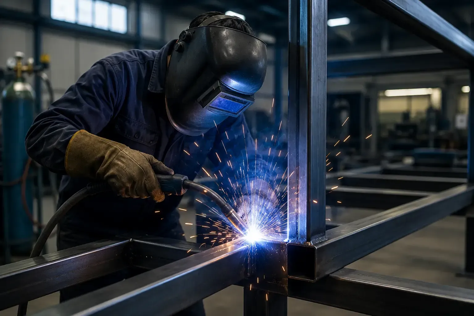 Soldador con equipo de protección realiza soldaduras en una estructura metálica en un taller industrial.