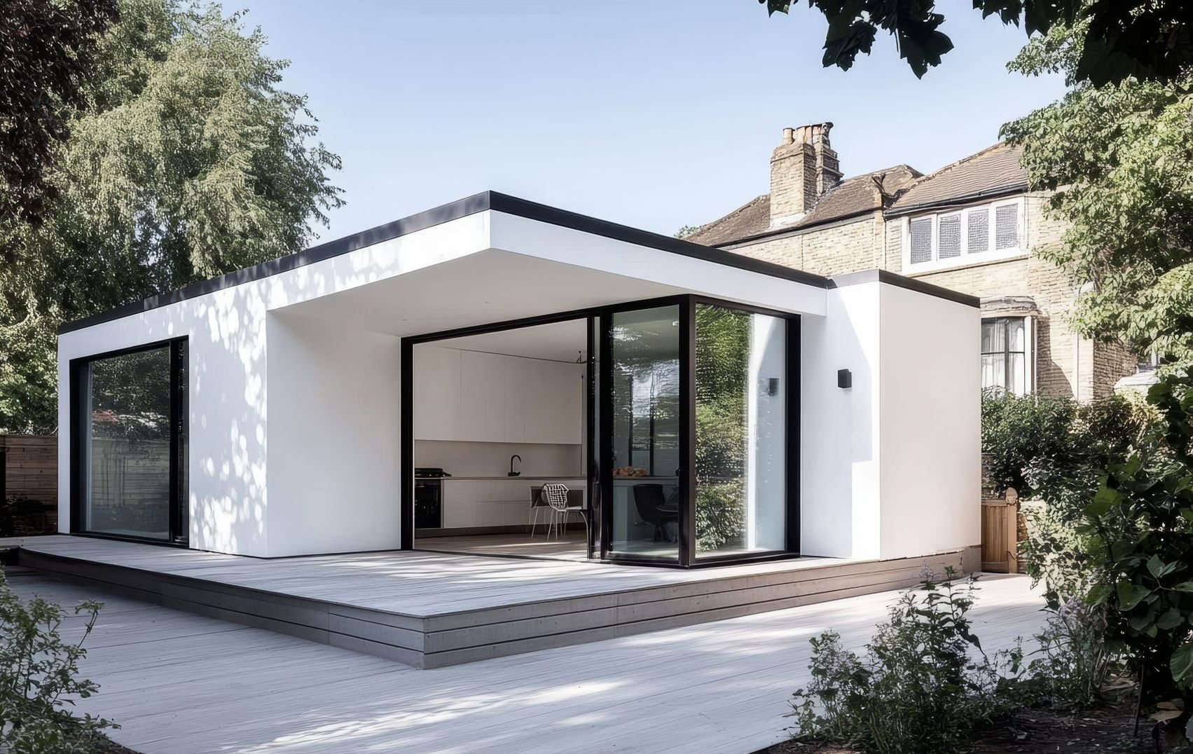 Une extension de maison avec de grandes baies vitrées
