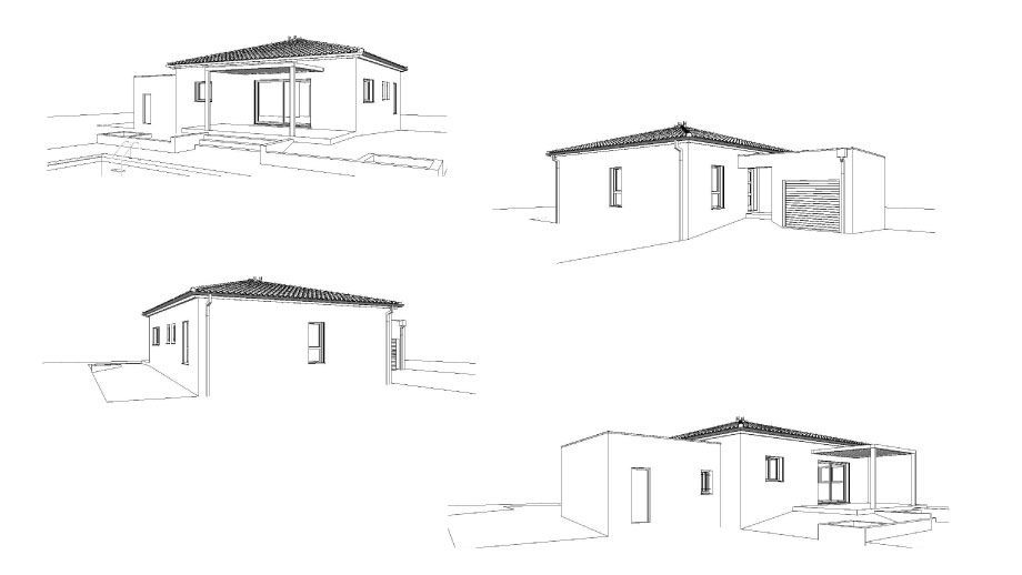 Quatre esquisses d'une maison contemporaine avec garage