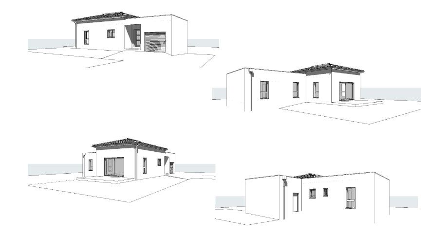 Quatre esquisses de maison avec baie vitrée