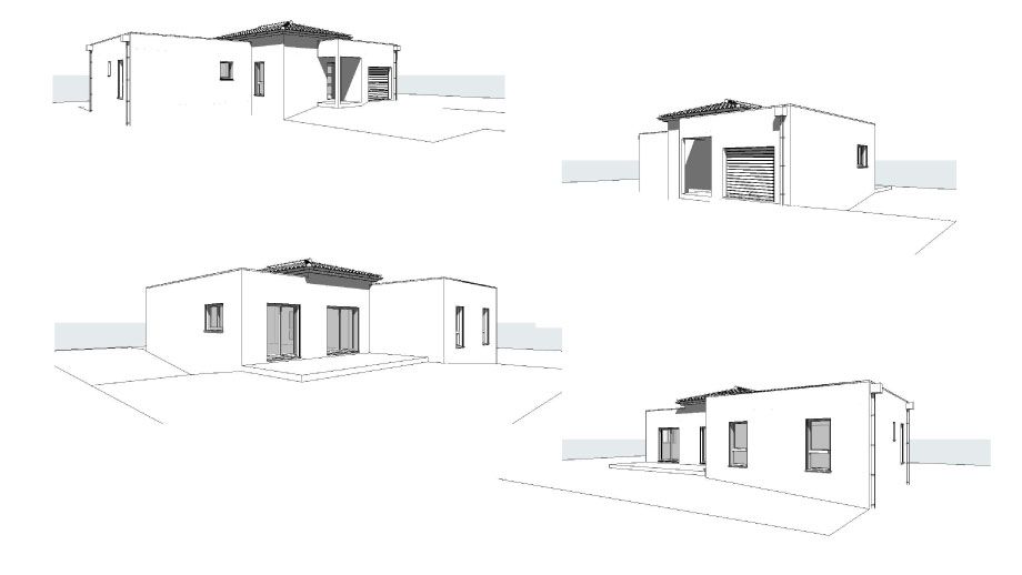 Quatre esquisses d'une maison à toit plat