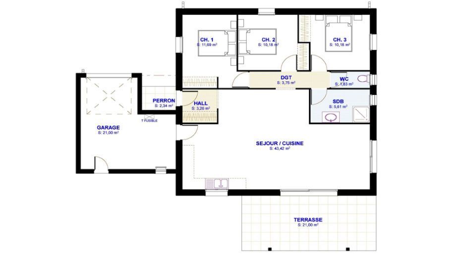 Un plan de maison avec terrasse et garage