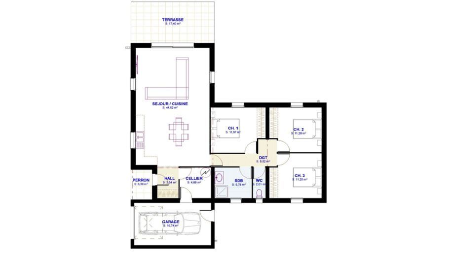 Un plan de maison avec terrasse et garage
