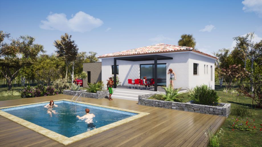 Modèle de maison contemporaine avec piscine et tour de piscine en bois
