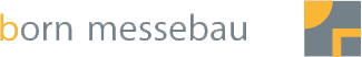 Logo mit dem Schriftzug „born messebau“ in Orange und Grau, mit einem geometrischen Ecksymbol in Orange und Dunkelgrau