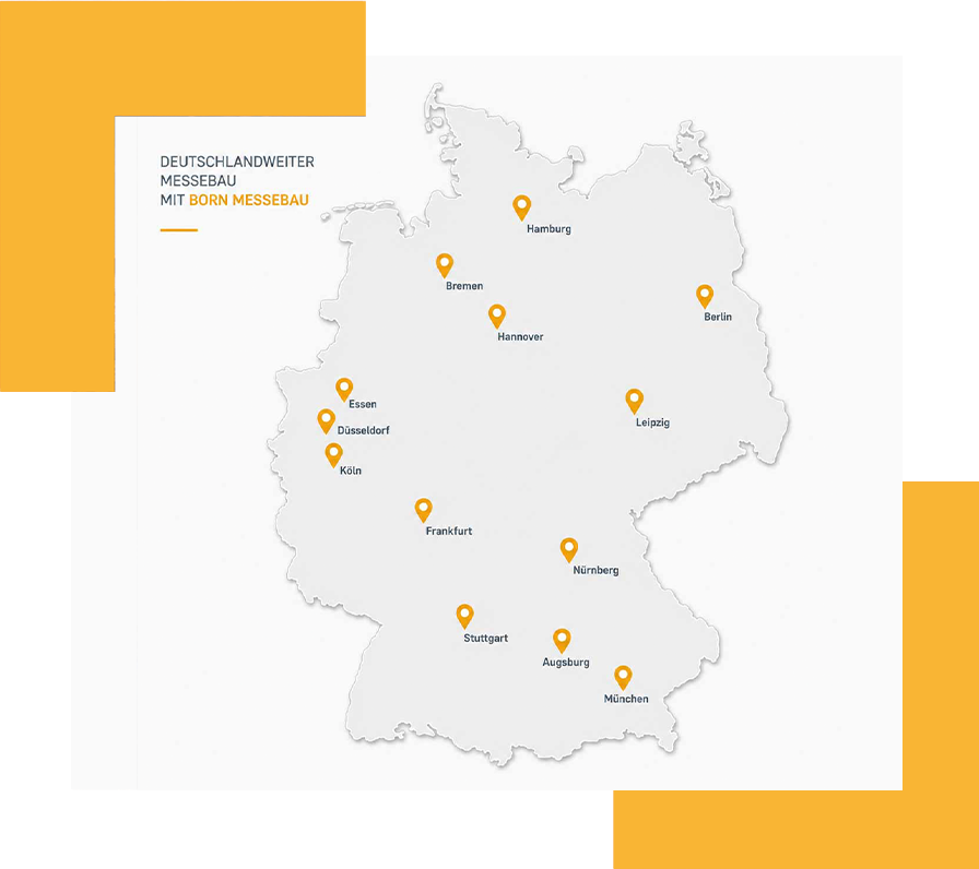 Karte von Deutschland mit orangefarbenen Ortsmarkierungen auf weiß-orangefarbenem Hintergrund.