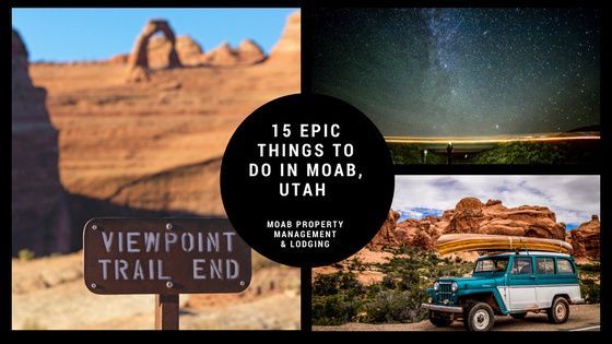 Collage of Utah desert scenes with a “Viewpoint Trail End” sign and a turquoise van under stars.