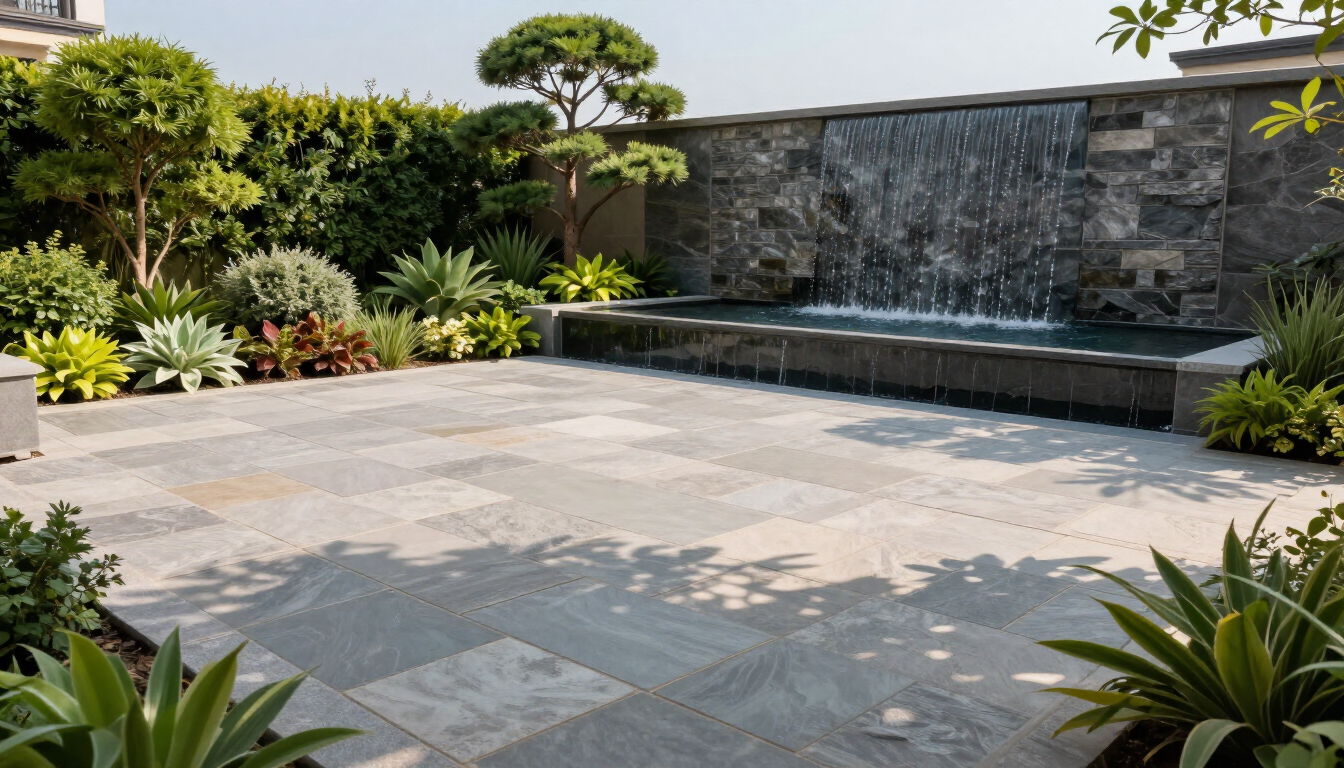 Professionally landscaped backyard with pavers, plants, and water feature