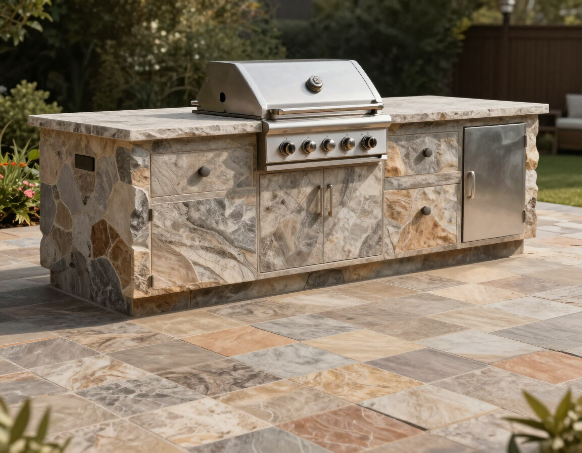 Outdoor kitchen with BBQ island and paver patio