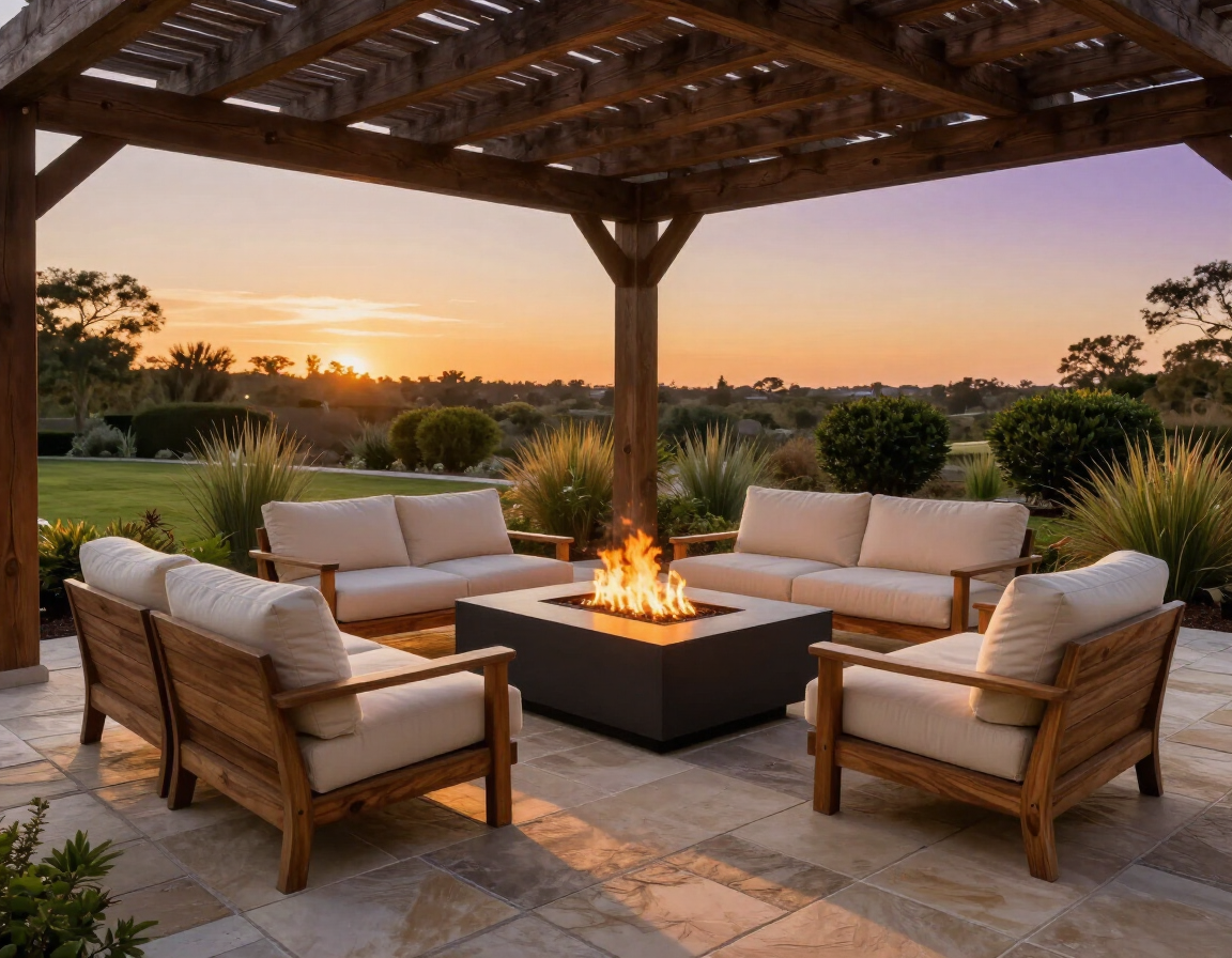 Outdoor fire pit and lounge seating area at sunset
