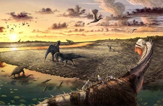 Prehistoric landscape at sunset with dinosaurs near a shallow water shore