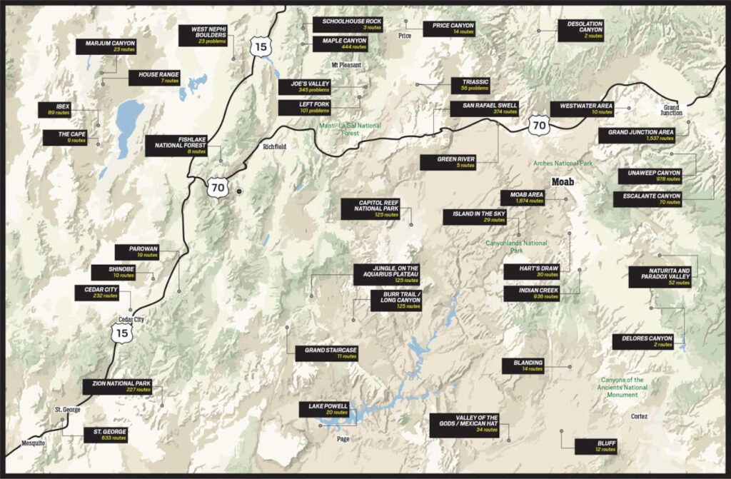 Annotated topographic map with many labeled locations across a mountainous region.