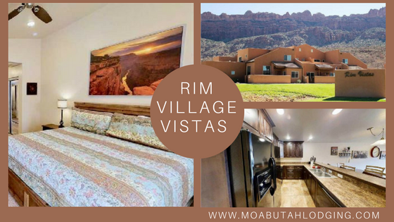 Rim Village Vistas vacation collage showing bedroom, desert views, and modern kitchen/lounge