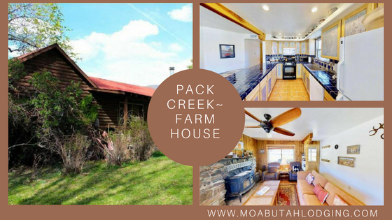 Pack Creek Farm House collage: rustic exterior and bright, white kitchen interiors with wooden beams.