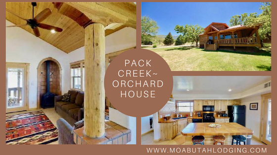 Pack Creek Orchard House collage showing rustic cabin exterior and cozy wood-paneled interior rooms