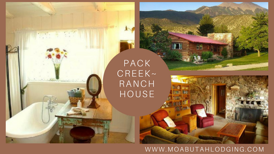 Collage of Pack Creek Ranch House cabin, with bathroom, exterior, and rustic living room views.