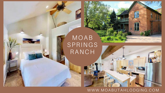 Moab Springs Ranch lodging collage: cozy bedroom, rustic cabin exterior, kitchen, and bathroom