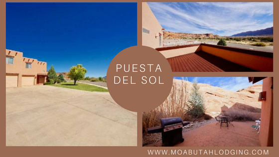 Collage of Puesta del Sol desert lodging with tan buildings, blue sky, patio, and canyon views