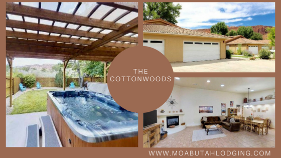 Vacation rental collage of patio spa, garage exterior, and open-plan living and dining room